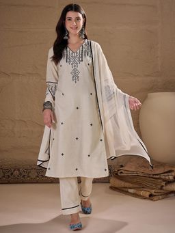 Gahan - Embroidered Cotton Kurta with Pant and Chiffon Dupatta For Women