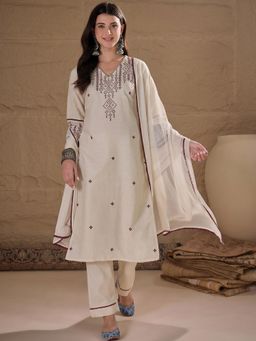 Gahan - Embroidered Cotton Kurta with Pant and Chiffon Dupatta For Women