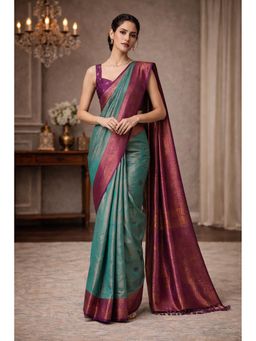 KAYOMMI - Teal Dual Tone Silk Blend Saree with Unstitched Blouse