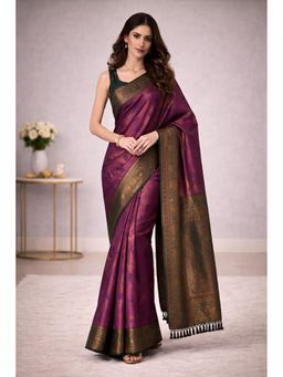 KAYOMMI - Wine Purple Silk Blend Saree with Unstitched Blouse