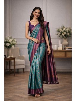 KAYOMMI - Teal Dual Tone Silk Blend Saree with Unstitched Blouse