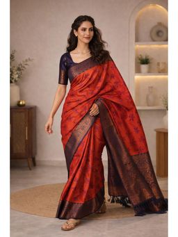 KAYOMMI - Rust Orange Silk Blend Saree with Unstitched Blouse