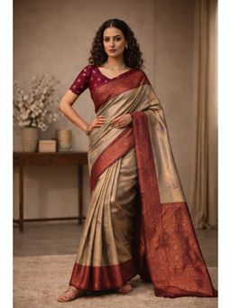 KAYOMMI - Beige Gold Silk Blend Saree with Unstitched Blouse