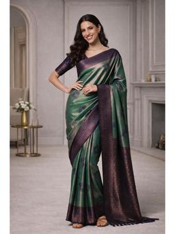 KAYOMMI - Emerald Green Silk Blend Saree with Unstitched Blouse