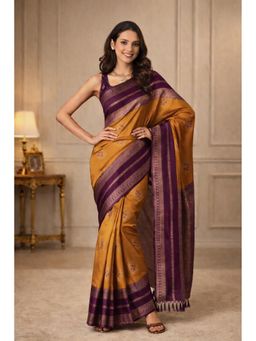 KAYOMMI - Mustard Gold Silk Blend Saree with Unstitched Blouse