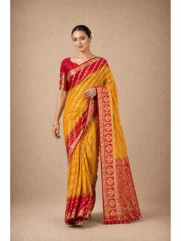KAYOMMI - Mustard Yellow and Red Silk Saree with Unstitched Blouse