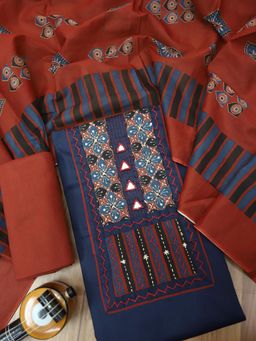 DESI SANDOOK - Blue Kutch Yoke Work Unstitched kurta with Unstitched Bottom & Dupatta