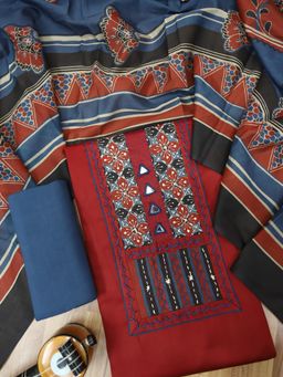 DESI SANDOOK - Red Kutch Yoke Work Unstitched kurta with Unstitched Bottom & Dupatta