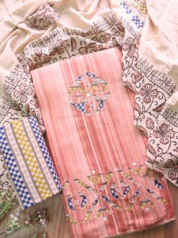 DESI SANDOOK - Peach Kalamkari Applique Work Unstitched kurta with Unstitched Bottom & Dupatta