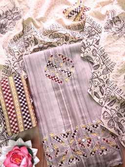 DESI SANDOOK - Grey Kalamkari Applique Work Unstitched kurta with Unstitched Bottom & Dupatta