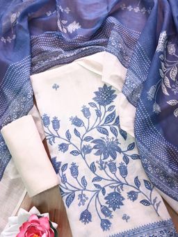 DESI SANDOOK - Off-White Patra Floral Printed Unstitched kurta with Unstitched Bottom & Dupatta