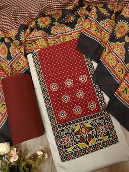 DESI SANDOOK - Tan Chrome with Red Unstitched kurta with Unstitched Bottom & Dupatta