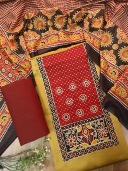 DESI SANDOOK - Yellow with Red Unstitched kurta with Unstitched Bottom & Dupatta