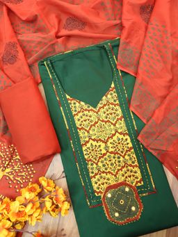 DESI SANDOOK - Green Kalamkari Printed Yoke Unstitched kurta with Unstitched Bottom & Dupatta