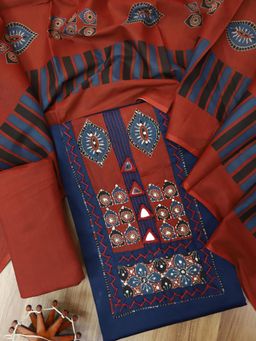 DESI SANDOOK - Navy Blue Kutch Yoke Unstitched kurta with Unstitched Bottom & Dupatta