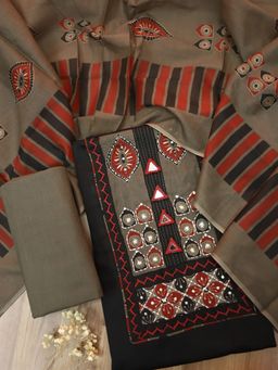 DESI SANDOOK - Black Blue Kutch Yoke Unstitched kurta with Unstitched Bottom & Dupatta