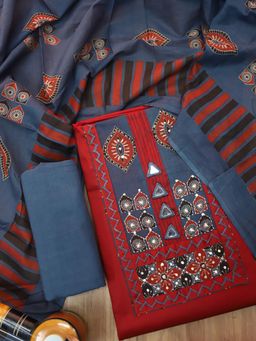 DESI SANDOOK - Cherry Red Kutch Yoke Unstitched kurta with Unstitched Bottom & Dupatta