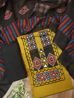 DESI SANDOOK - Yellow Kutch Yoke Unstitched kurta with Unstitched Bottom & Dupatta