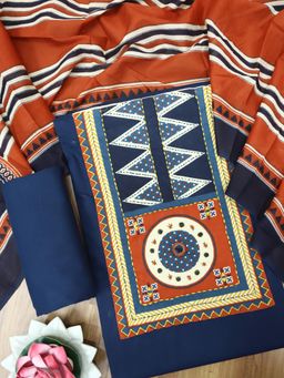 DESI SANDOOK - Royal Blue Yoke Unstitched kurta with Unstitched Bottom & Dupatta