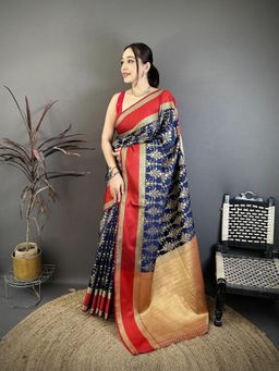 Elora - Navy Blue Lichi Silk Weaving Jacquard Saree with Unstitched Blouse