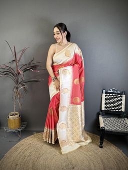 Elora - Coral Soft Silk Gold Banarasi Saree with Unstitched Blouse