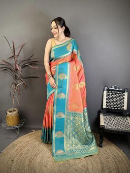 Elora - Peach Soft Silk Gold Banarasi Saree with Unstitched Blouse