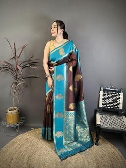 Elora - Brown Soft Silk Gold Banarasi Saree with Unstitched Blouse