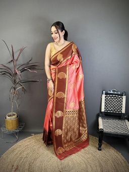 Elora - Peach Soft Silk Gold Banarasi Saree with Unstitched Blouse