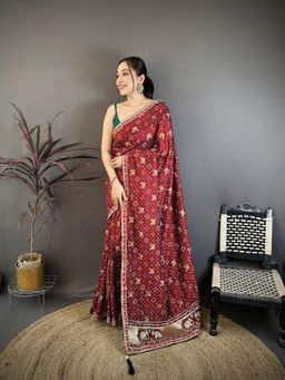 Elora - Maroon Vichitra Silk Motifs Printed Bandhani Saree with Unstitched Blouse