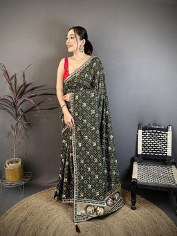Elora - Dark Green Vichitra Silk Motifs Saree with Unstitched Blouse
