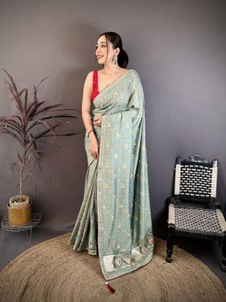 Elora - Sea Green Vichitra Silk Motif Foil Print Saree with Unstitched Blouse