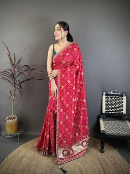 Elora - Hot Pink Vichitra Silk Motifs Foil Print Saree with Unstitched Blouse