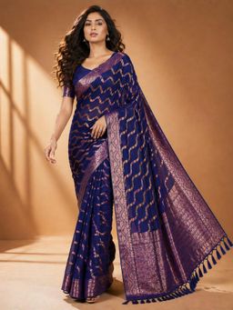 KAYOMMI - Royal Blue Festive Silk Saree with Unstitched Blouse