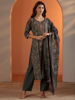 Libas - Grey Silk Blend Bandhani Printed Straight Kurta with Pant & Dupatta