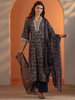 Libas - Navy Blue Floral Printed Straight Kurta with Pant & Dupatta