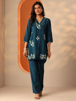 Libas - Teal Silk Blend Floral Embroidered Co-Ord Set