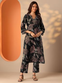 Libas - Black Floral Printed Straight Kurta and Pant