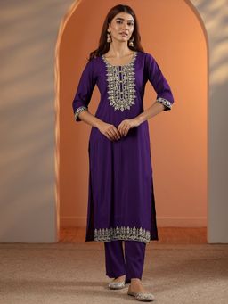 Libas - Purple Embroidered Straight Kurta and Pant