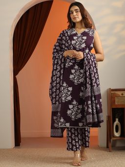 Libas - Wine Floral Print Straight Kurta with Pant and Dupatta