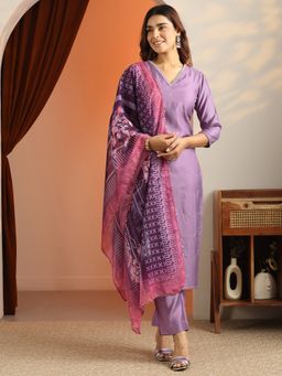 Libas - Purple Embroidered Straight Kurta with Pant & Dupatta