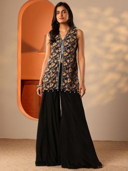 Libas - Black Floral Print Embellished Kurti with Palazzo