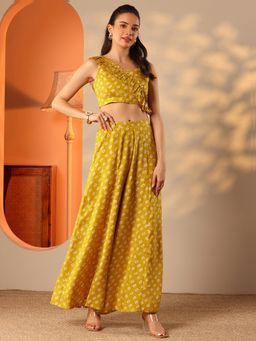 Libas - Yellow Bandhani Printed Ruffles Bustier & Wide Leg Palazzo