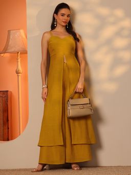 Libas - Mustard Embellished Front Slit Kurta with Wide Leg Palazzo