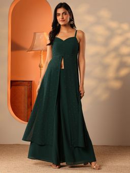 Libas - Green Embellished Front Slit Kurta with Wide Leg Palazzo