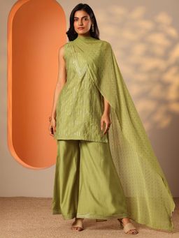 Libas - Green Ethnic Embroidered Short Kurti with Palazzo & Dupatta