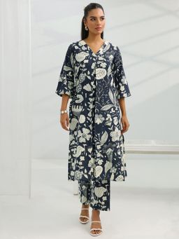 Libas - Navy Blue Floral Print Straight Kurta and Pant