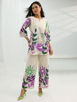 Libas - Off White & Purple Floral Printed Co-Ord Set