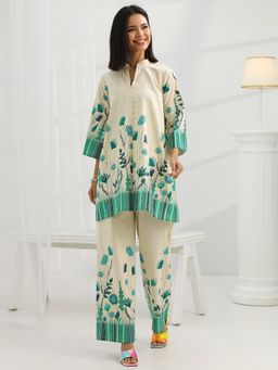 Libas - Off White & Turquoise Floral Printed Co-Ord Set