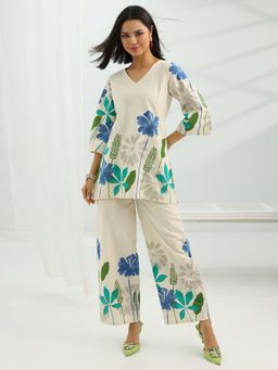Libas - Off White & Blue Floral Printed Co-Ord Set