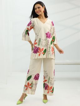 Libas - Off White & Purple Floral Printed Co-Ord Set